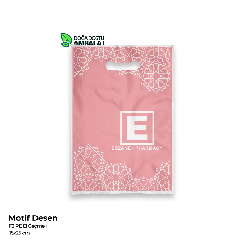 Motif Desenli Pembe Plastik El Geçme Eczane Poşeti 15x25cm (10kg.)